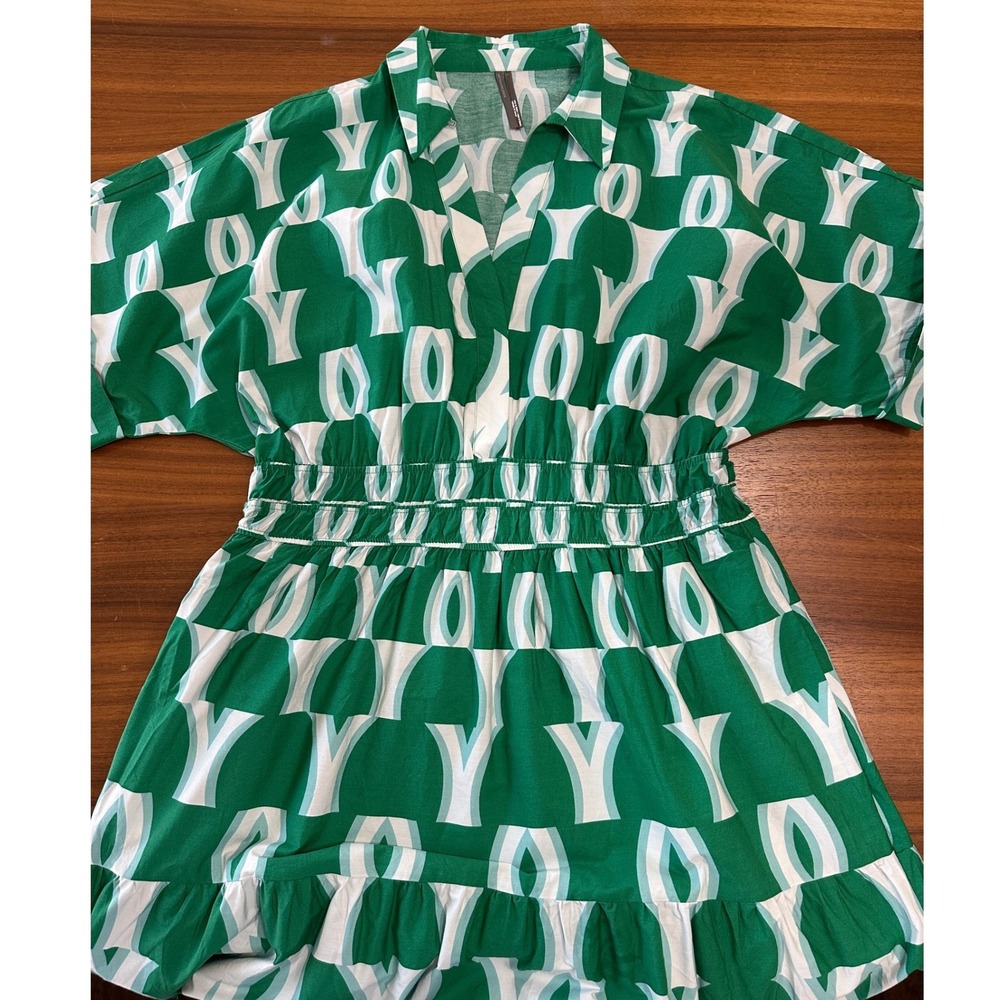 Anthropologie Somerset Maxi Shirt Dress Large Green Geometric Tiered Scandi - Picture 6 of 15